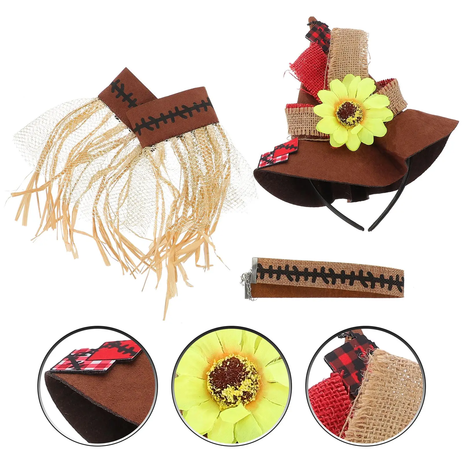4 Pcs in 1 Set Halloween Costume Accessories Straw Hat Wristband Necklace Decoration Cosplay Adornment for Adults Carnival