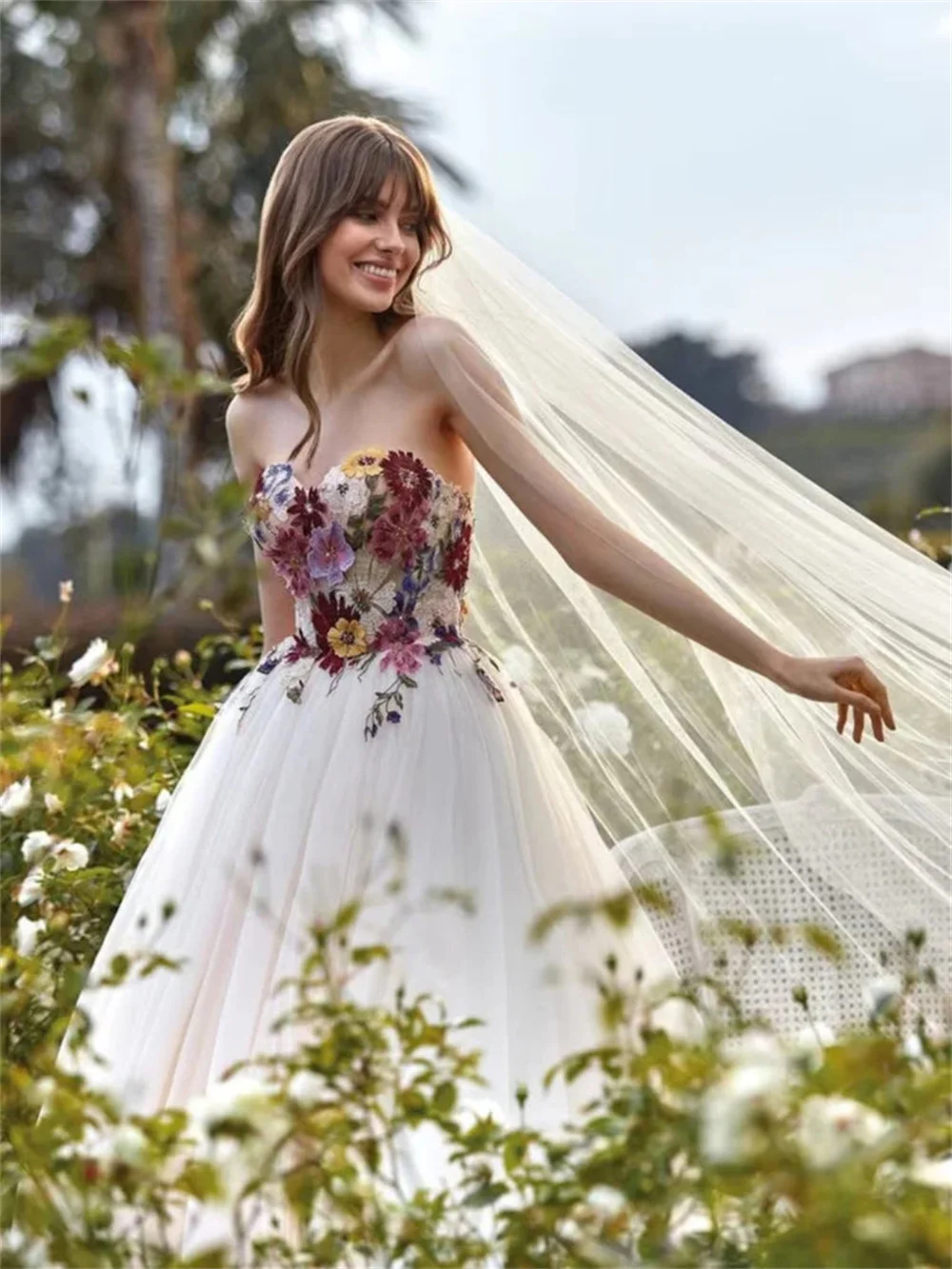 Wedding Dresses Evening Dresses Kyoto Exquisite Colorful Flowers Strapless Wedding Dress A-line Tulle vestidos de novia Chapel Train Evening Dresses