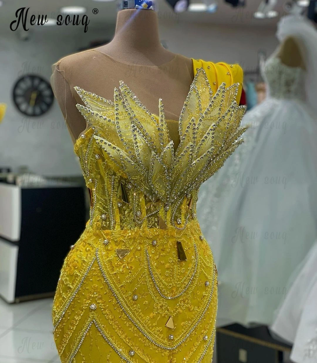 

Couture Yellow Beading Leaf Design Party Dress Long Maxi Robe For Wedding Crystals Night Dinner Guest Gowns Vestidos De Noche