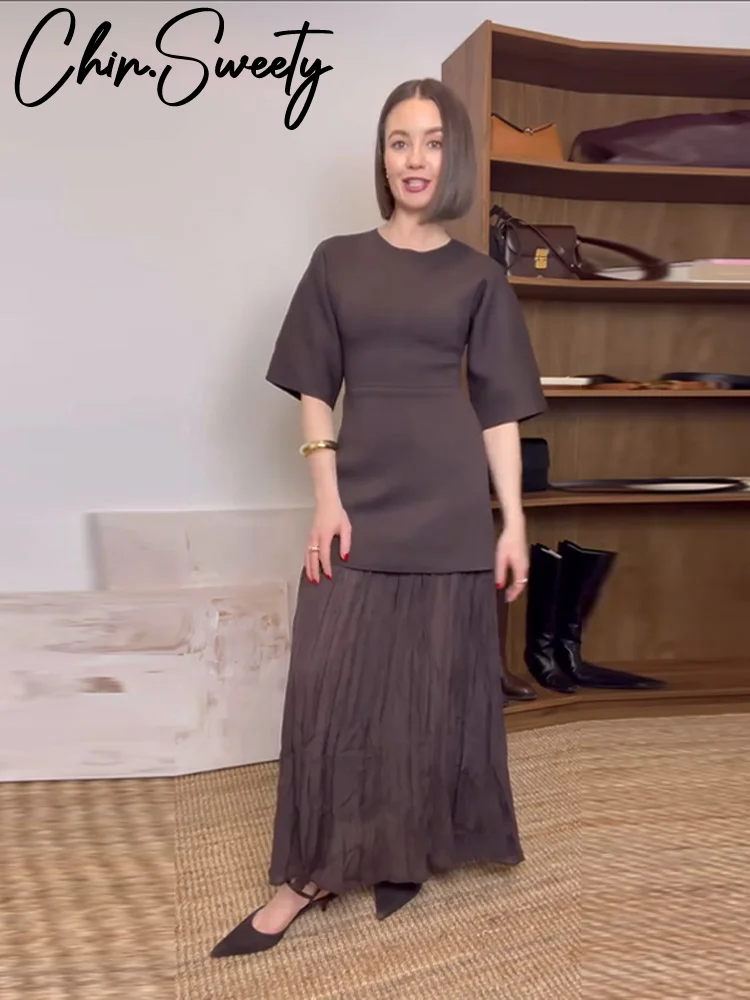 Elegant Patchwork Long Dress Women Slim O-neck Half Sleeve Pleated Party Dresses 2025 Spring Summer Lady Commute Robes 2