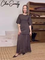 Elegant Patchwork Long Dress Women Slim O-neck Half Sleeve Pleated Party Dresses 2025 Spring Summer Lady Commute Robes 2
