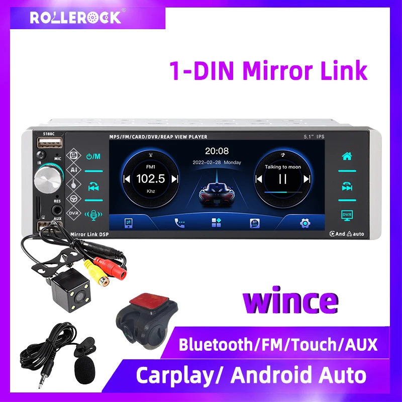 

Car Radio 5.1'' 1 Din Multimedia Player Android Auto Touch Screen IPS Capacitive Buletooth 3-USB Built-In Carplay Mic