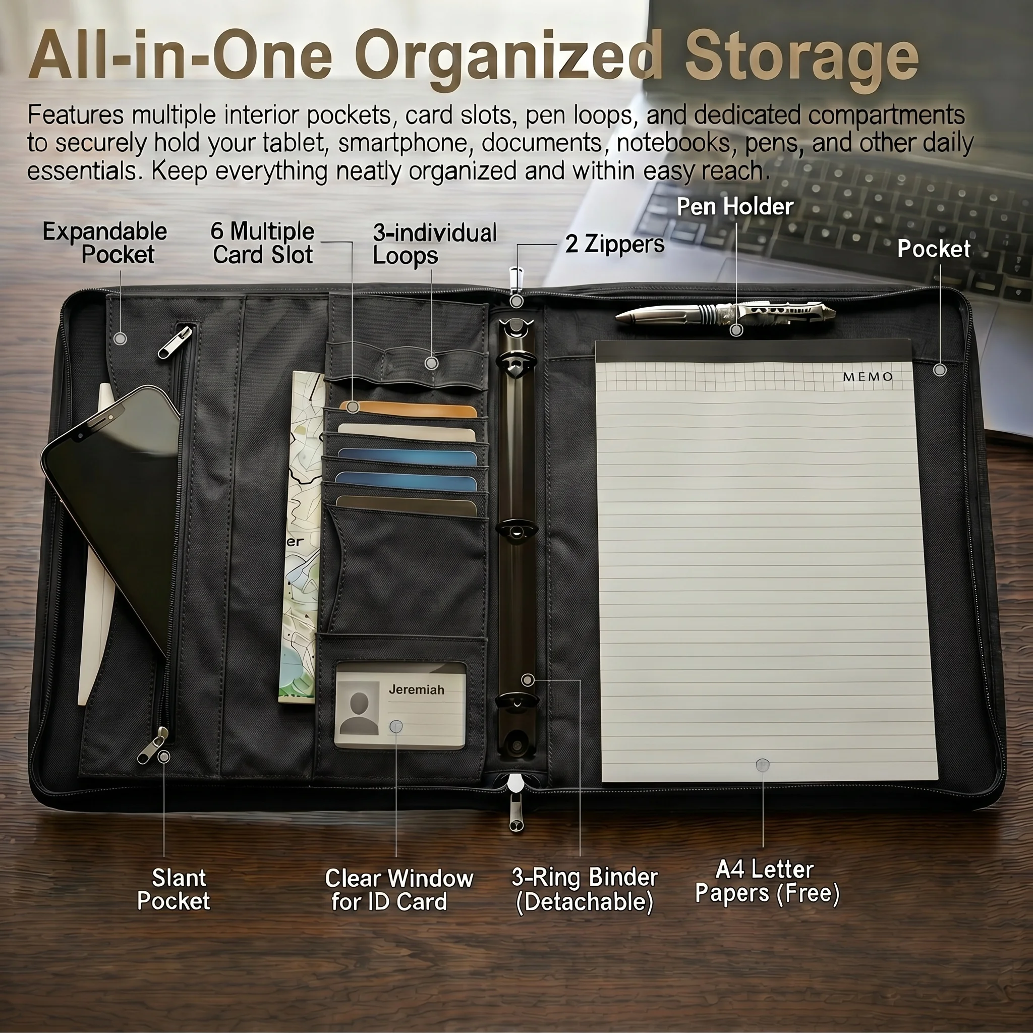 Organizer tattico staccabile a 3 anelli con cerniera, multi-tasca, per documenti A4, ideale per ufficio, scuola e attività all'aperto - immagine 6
