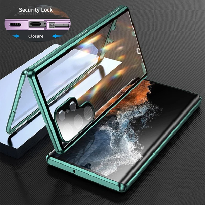 thumbnail image 1 of Funda de vidrio de doble cara de Metal con cierre a presión, protección completa 360 para Samsung Galaxy S24, S23, S22 Ultra, S23FE 23 +, cubierta de protección de lente, 1 of 5
