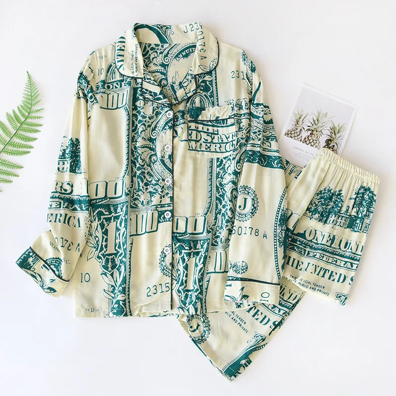 Fresh Floral pajamas sets women sleepwear cozy 100% Viscose Fashion sexy long sleeve two piece homewear plus size