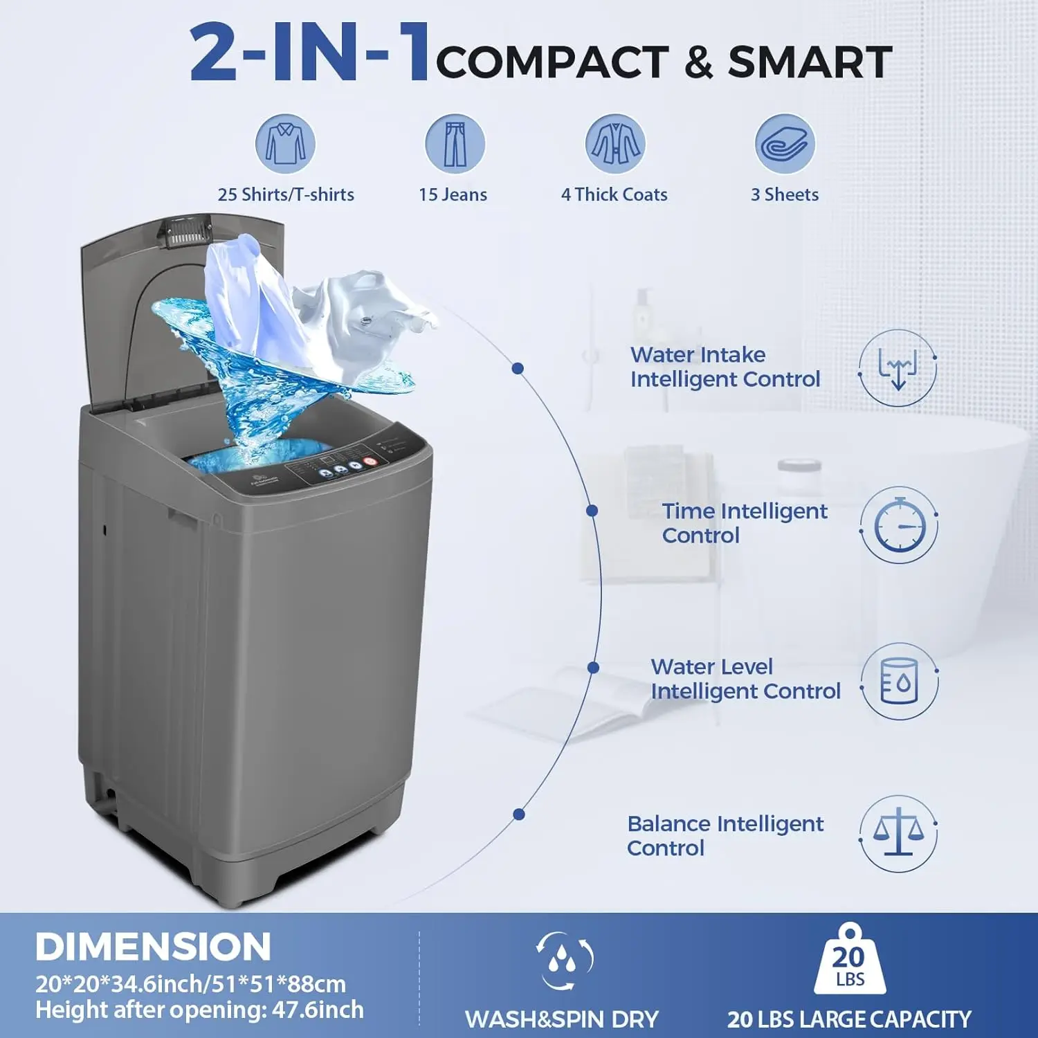 Portable Washing Machine, 20Lbs Capacity Full-Automatic Portable Washer Machine, 2.8Cu.ft Washer and Dryer Combo with Drain Pump 2