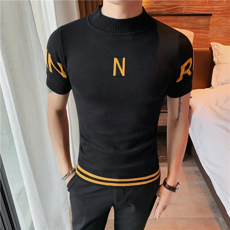 

Spring Bee Embroidery Men's Slim Fit T-shirt British Style Short Sleeve O-Neck Homme Social Club Outfits Camisa Hombre