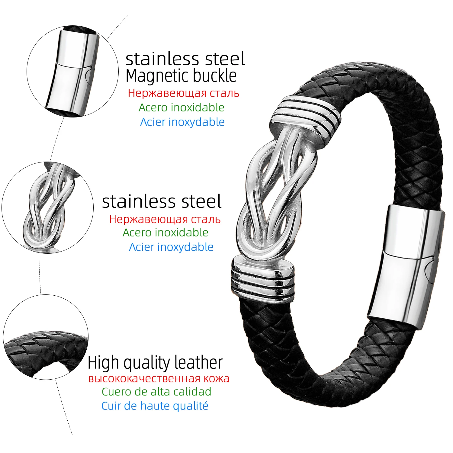 Punk Retro Stainless Steel Mens Bracelets Metal Braided Winding High Quality Leather Bangles for Women Unisex Couple Jewelry