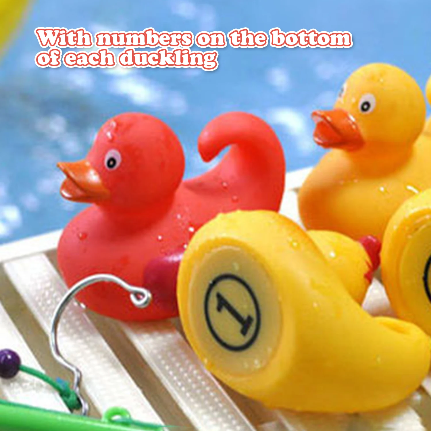 8 Pcs Bathtub Toy Duck Fishing Game - 2 toy fishing rods and 6 rubber ducks - teach numbers 4