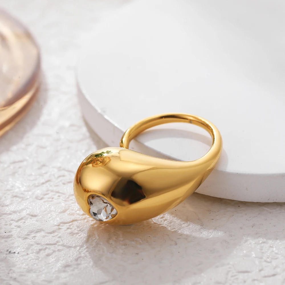 PVD Thick Waterdrop Multicolour Rhinestone Openable Ring Stainless Steel Pearl Glossy Indie Women Rings Designer Vintage Jewelry