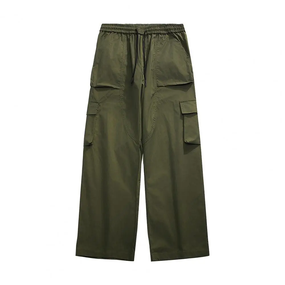 Description Picture 4 of itemMen Overalls Men's Elastic Drawstring Cargo Pants with Pockets Solid Color Straight Wide Leg Trousers for Streetwear Style Cargo