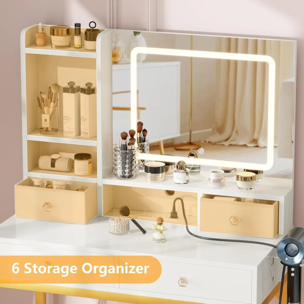 Vanity Desk with LED Lights Mirror and Power Outlets, Small Makeup Vanity Desk Stool Set with 4 Drawers, Dressing Tabl 5
