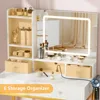 Vanity Desk with LED Lights Mirror and Power Outlets, Small Makeup Vanity Desk Stool Set with 4 Drawers, Dressing Tabl 5
