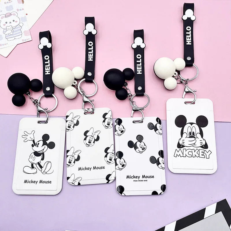 Cartoon Mickey Mouse Card Holders Disney Anime Minnie Mouse Portable Student Bus Card Case with Doll Halter Rope Christmas Gift