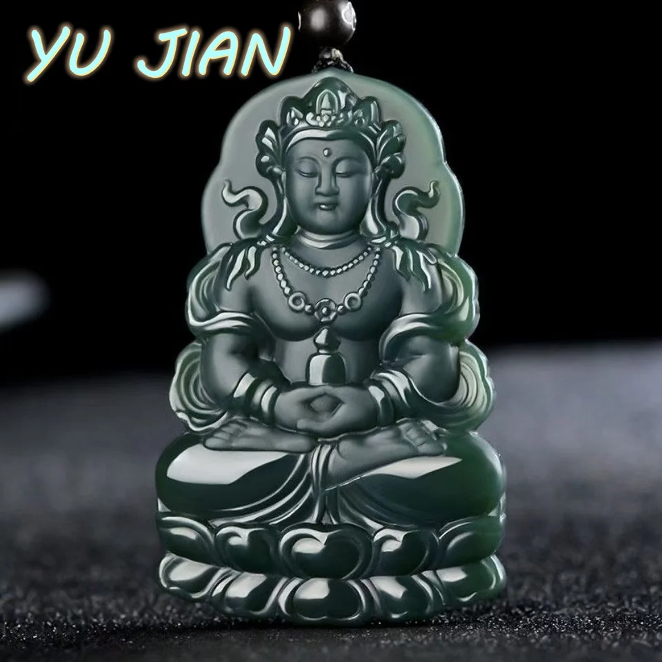 

Hetian Cyan Jade Carved Tara Guanyin Black And Green Pendant Natural Emerald Necklace Men And Women Exquisite With Chain Jewe