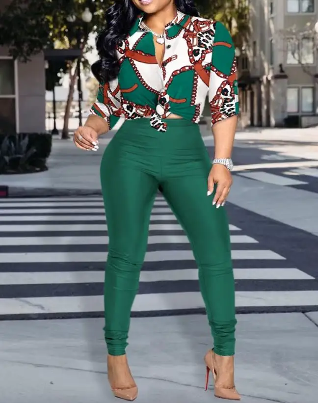 Women's Commuter Pants Suit 2023 Print Colorblock Buttoned Geometry Chain Leopard Shirt Top & Skinny High Waist Long Pants Set