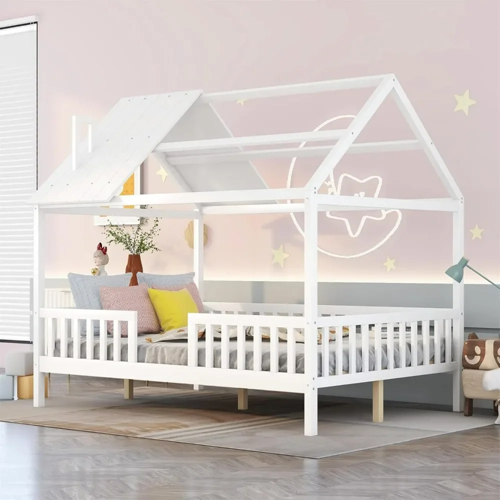 Full House Beds with Rails Wood Montessori Bed Frame Kids White Cabin Bed for Children Boys Girls Teens, Full Size 2