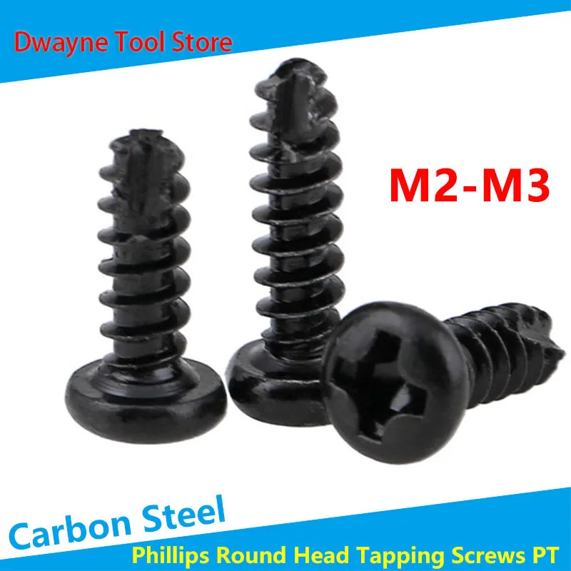 

【200pcs】 Cross Pan Head Cutting Tail Self Tapping Smail Screw PT Phillips Round Head Self Drilling Screw M2M2.3M2.6M3 Black