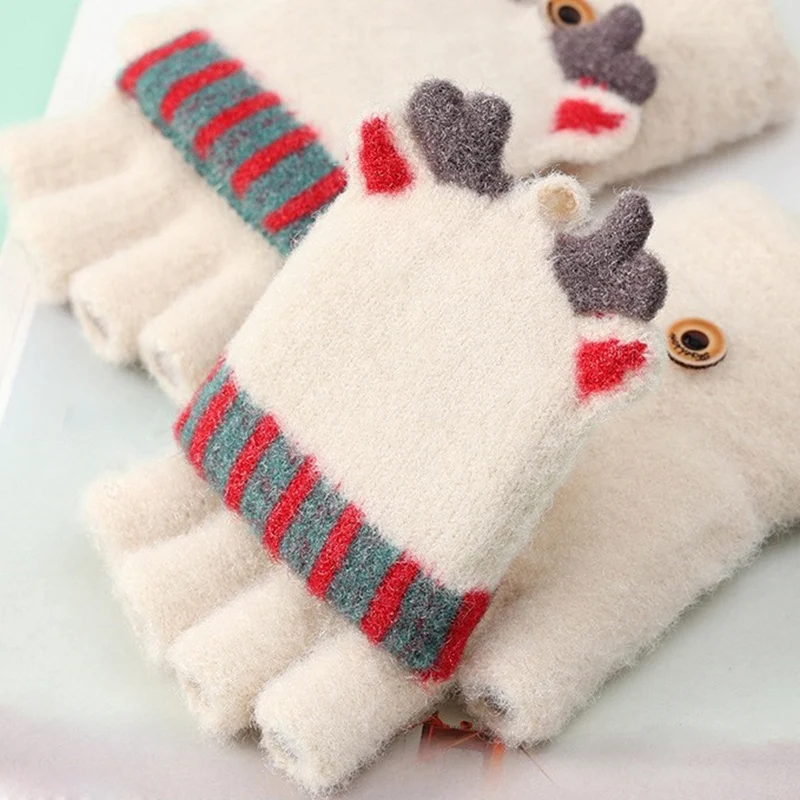 

Cute Christmas Elk Fur Mittens for Women Winter Gloves for Girls Animal Ear Flip Plush Glove Fingerless Thicken Warm Mitten