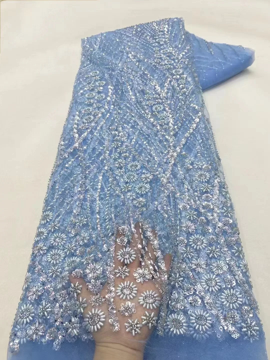 Purple Latest Nigerian Lace Fabrics Fashion Women African Tull Lace Luxury Handmade Bead sequins Fabrics For Wedding 5Yards