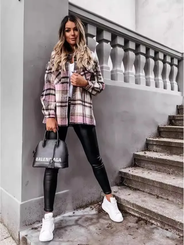 Women's autumn and winter long sleeved plaid jacket shirt jacket loose and personalized versatile commuting clothing