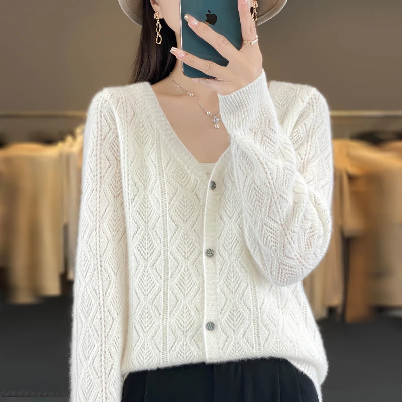 

Women's Wool Cardigan 2024 Spring Autumn New V-Neck Loose Hollow Cashmere Sweater Long Sleeved Jacquard Jacket Thin And High-End