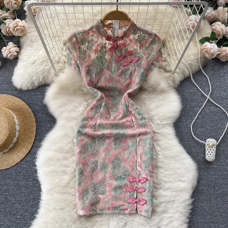 

New Fashion Women Summer Retro Stand Neck Embroidery Printed Improved Short Sleeve Split Cheongsam Dress Vintage Vestidos G013
