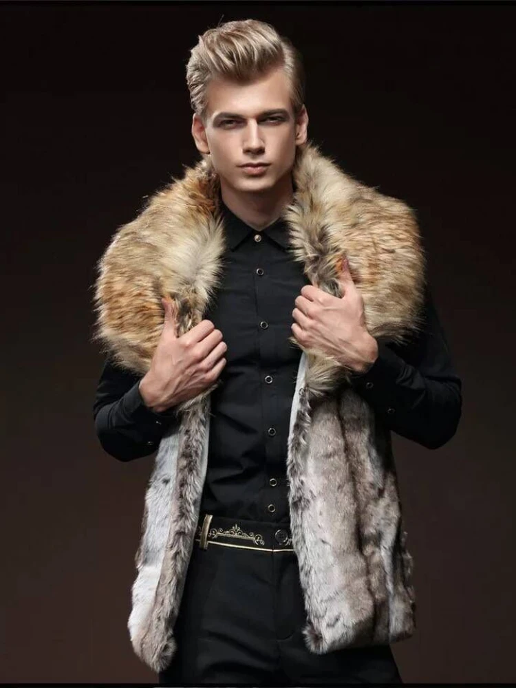 Men's Faux Fur Vest Slim Fit Lapel Big Fur Collar Short Waistcoat Men Jacket  Brown Leather Jacket Winter Warm Coat