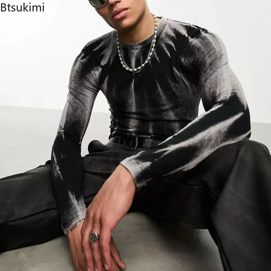 

2024 Men's Fashion T Shirts Streetwear Spring Autumn Long Sleeve O Neck Stretch Slim Fitting Basic Tops Y2K Printed T-shirt Male