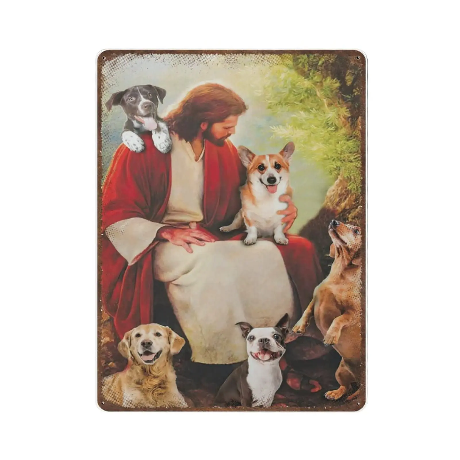 

Retro Thick Metal Tin Sign-God Surrounded by Dogs Angels Tin Sign -Novelty Posters，Home Decor Wall Art，Funny Signs for Home/Kitc