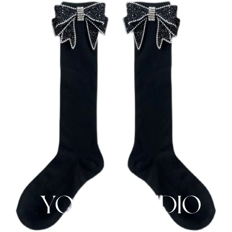 New Rhinestone Bow Handmade Socks Japanese Korean High School Girls High Stockings Loose Solid Colors Knitting Cotton Long Socks