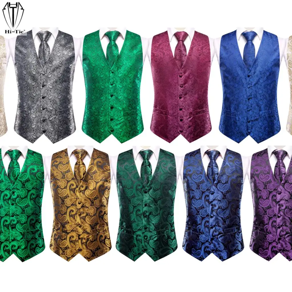 Silk Mens Vest Tie Set Jacquard Paisley Floral Sleeveless Jacket Slim Suit Waistcoat Necktie Hanky Cufflinks Wedding Business