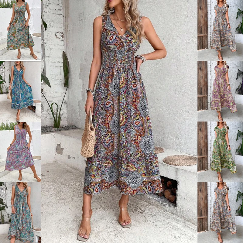 Vestido Bohemio Floral Vestido Largo Con Abertura Lateral Vestido De Veranovestido De Verano Para Mujer Casual Media Manga Boho Impreso Con Cuello En V Dividir Con Cinturón Vestidos Odeerbi ODB116209 | Bodega