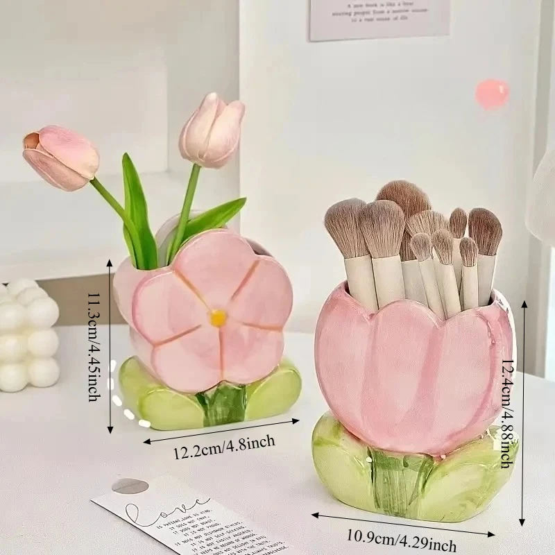 Flower Pen Holder Ceramic Desktop Decoration Cute Girl Desk Office Storage Box Stationery Shelf Storage Tank