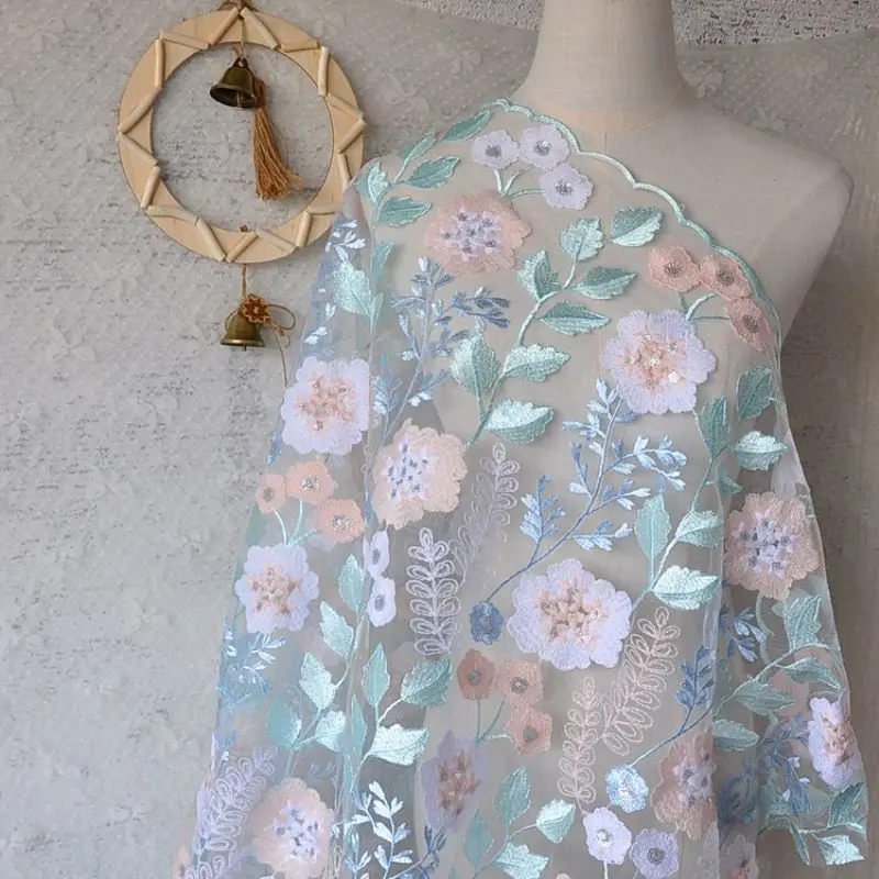 

Blue flowers leaves beads lace fabrics colored mesh embroidery sequins garments wedding dresses diy handmade fabrics
