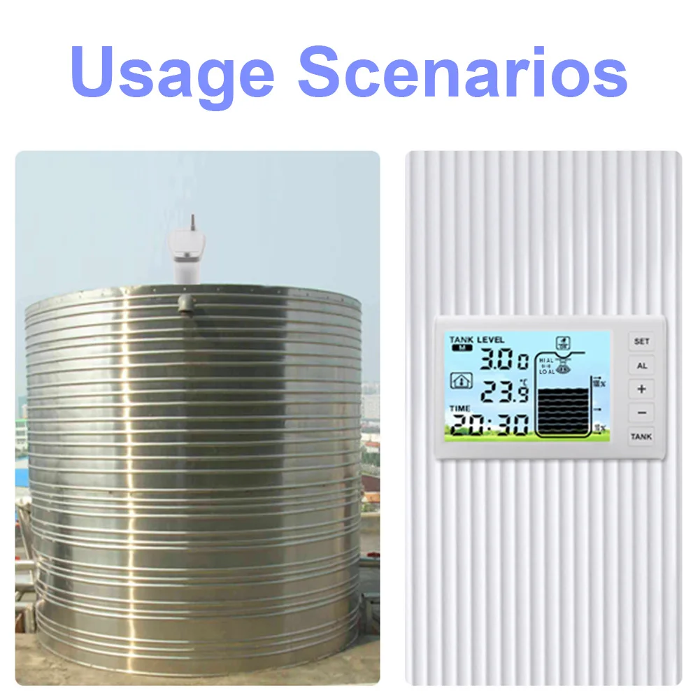 Wireless Ultrasonic Water Level Indicator Gauge W/ Temperature Sensor Time Display Ultrasonic Tank Liquid Depth Level Meter