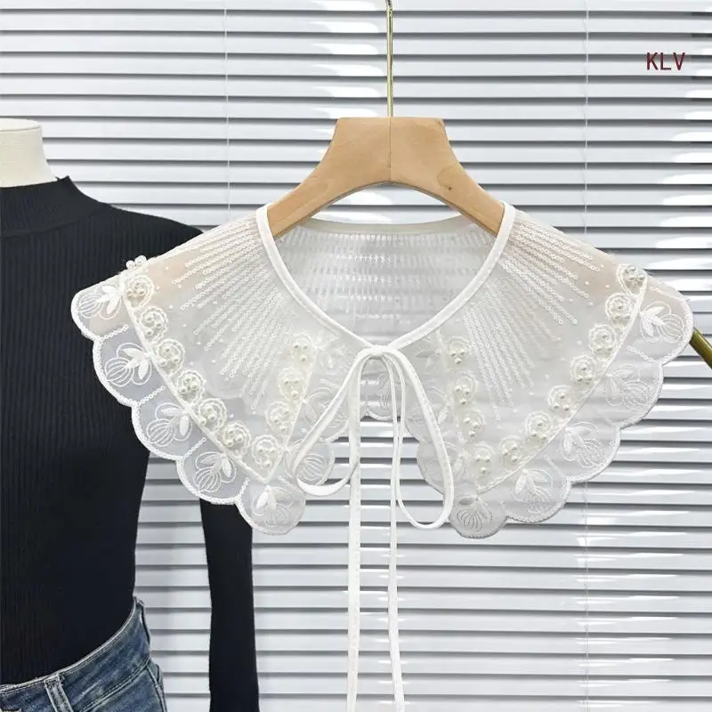 

Women Lace-Up Bowknot Detachable Fake Collar Pearl Beaded Shawl Scarf Embroidery Floral Sequins Neckline Poncho Capelet