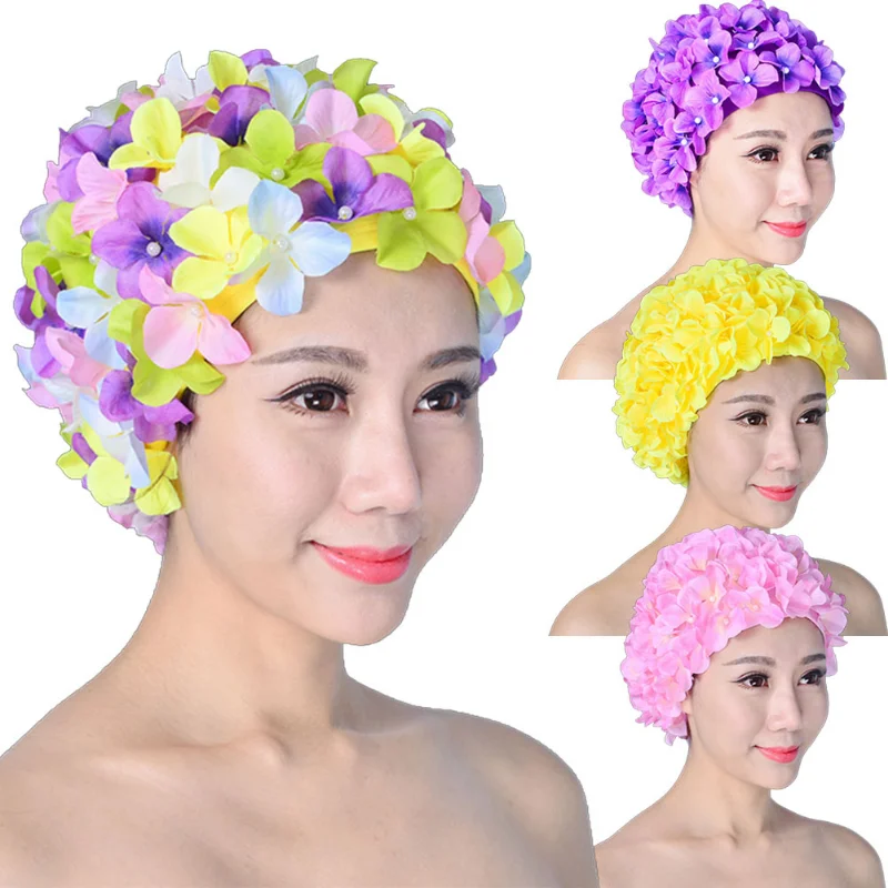 Description Picture 2 of item2025 New Women Handmade Beach Swimming Caps Flower Sports Swim Pool Hats Soft Long Hair Breathable Diving Unique Protection