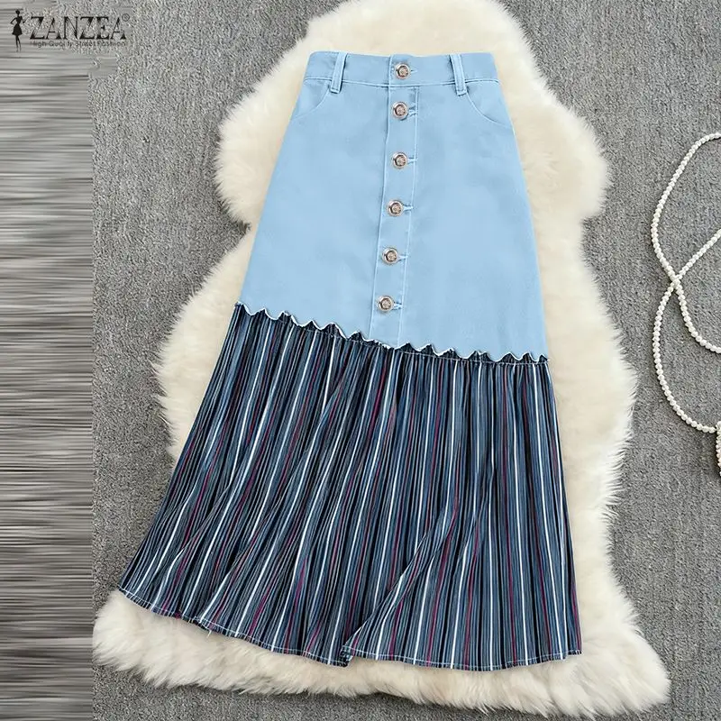Autumn Denim High Waist Patchwork Skirt for Women