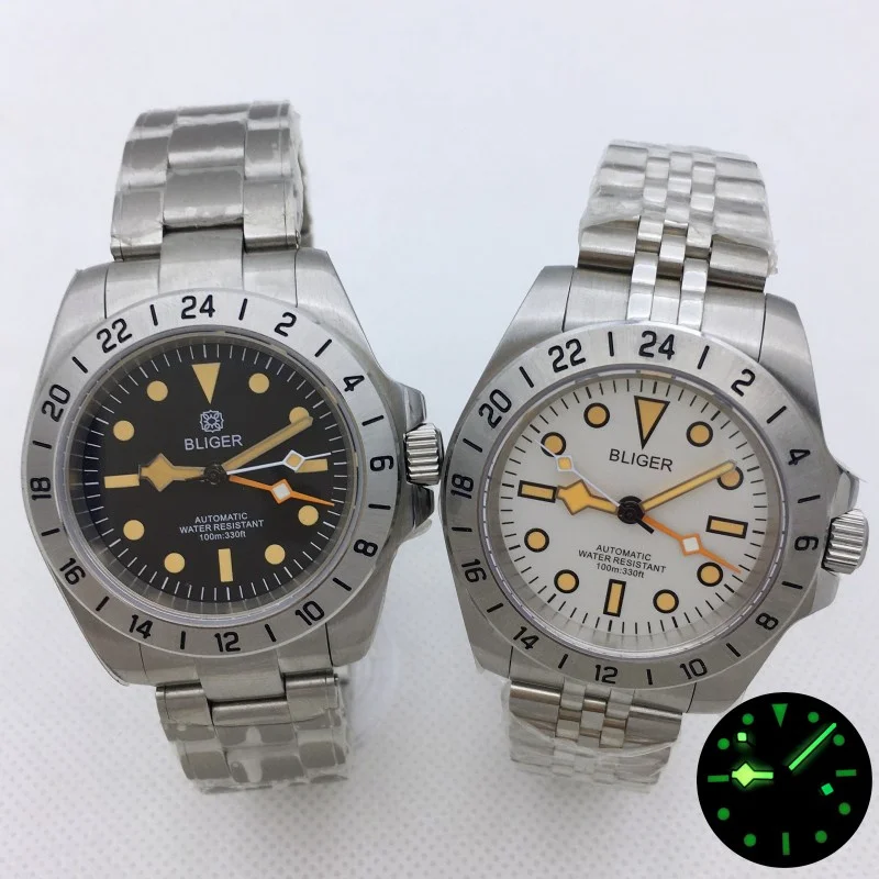 Bliger 40Mm Nh34A Gmt Orologio Da Uomo Vintage Automatico Orologio Meccanico Nero Bianco Quadrante Luminoso Orologio Impermeabile In Vetro Zaffiro