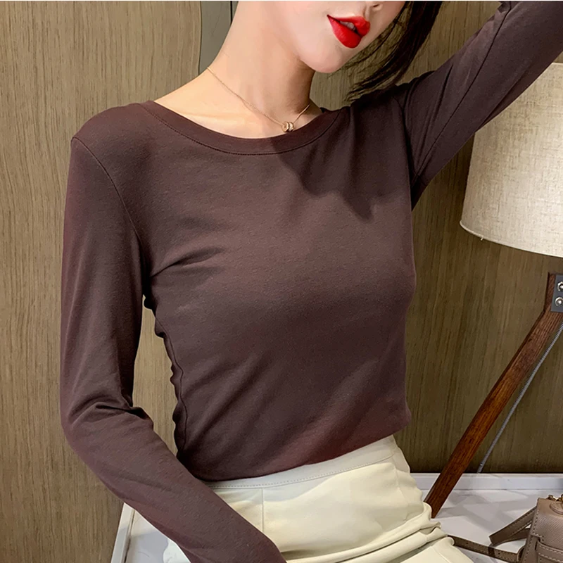 

Женские футболки с круглым вырезом, футболка с длинным рукавом, Женская облегающая однотонная Базовая футболка, Женская Camiseta Mujer, осень 2021, новая женская одежда