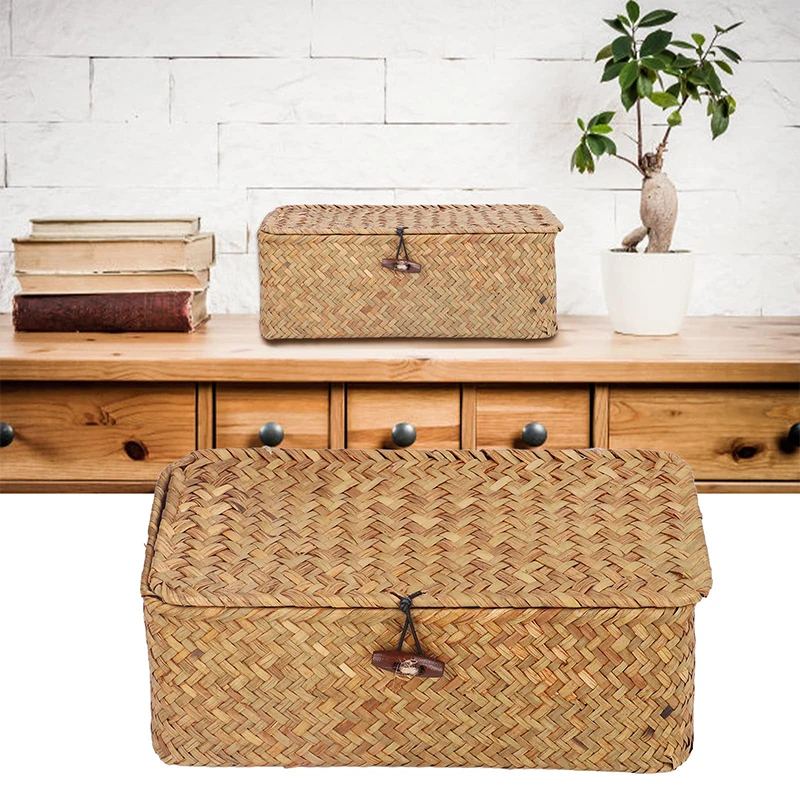 Woven Storage Baskets Rectangular Wicker Storage with Lid Woven Storage Box Woven Natural Reed Storage Basket for Bookshelves De 6
