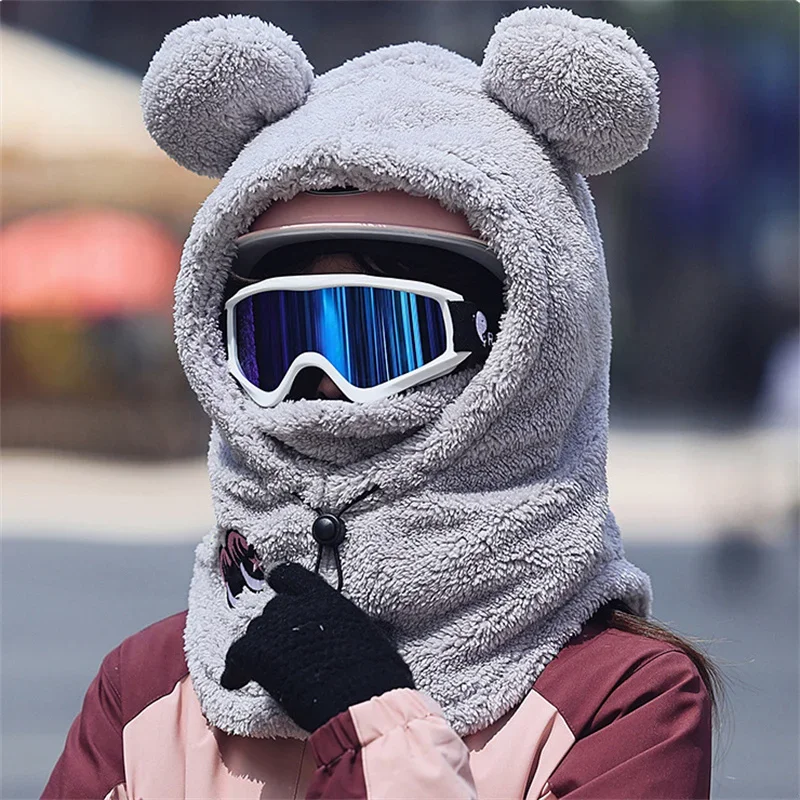 3D Bear Ear Skiing Helmet Cover Panda Skiing Plush Hats Comfortable Soft Wool Winter Outdoors Cute Riding Mask Keep Warm Caps 6
