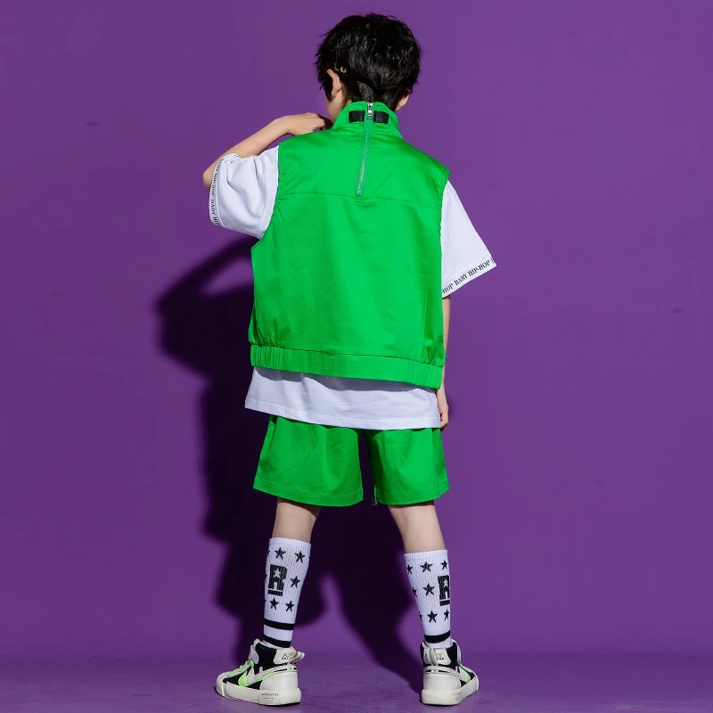 Girls Summer Green Hip Hop Clothes Short Sleeve T Shirt High Neck Vest Cargo Shorts Children Streetwear Jazz Dance Costume 3-16Y