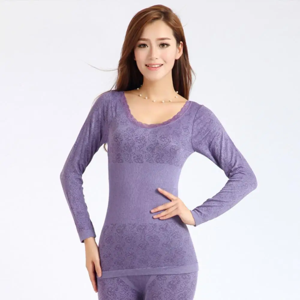 Women Winter Thermal Underwear 2 Pcs Set Long Sleeve Bottoming Top O-Neck Long Johns Pajama Set