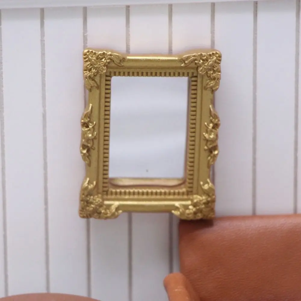 Pretend Play 1:6/1:12 House Furniture Retro Metal Border DollHouse Mirror Model Educational Carving Miniature Mirror Girls