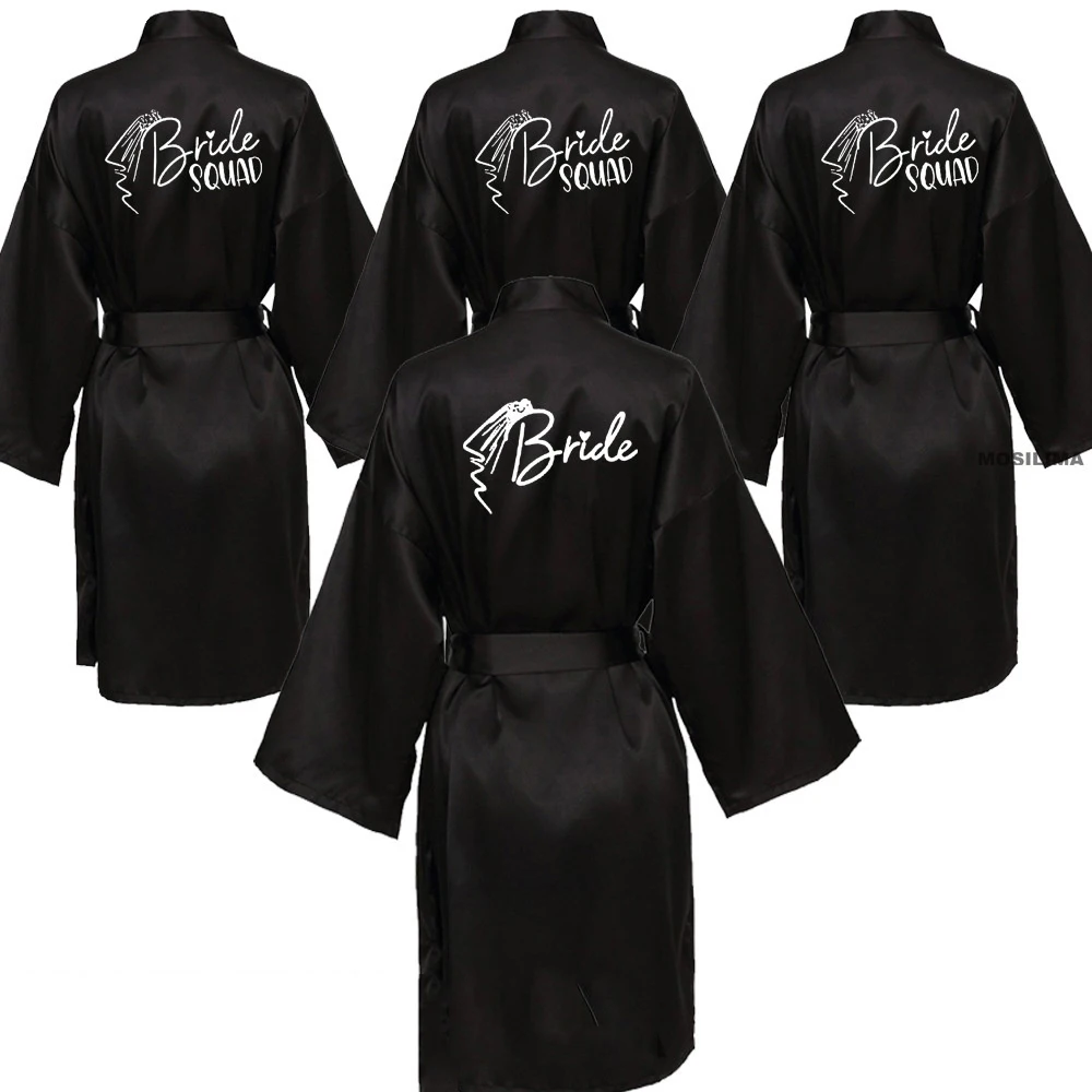 Wedding Party Team Bride Robe With Black Letters Kimono Satin Pajamas