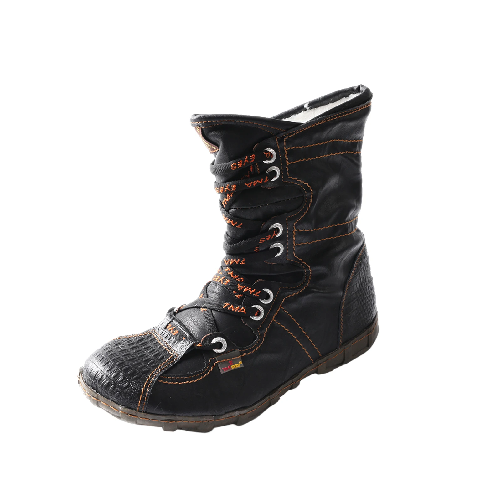 TMA EYES Snake-Embossed Leather and PU Upper Faux Fur Lining Short Flat Boot for Women