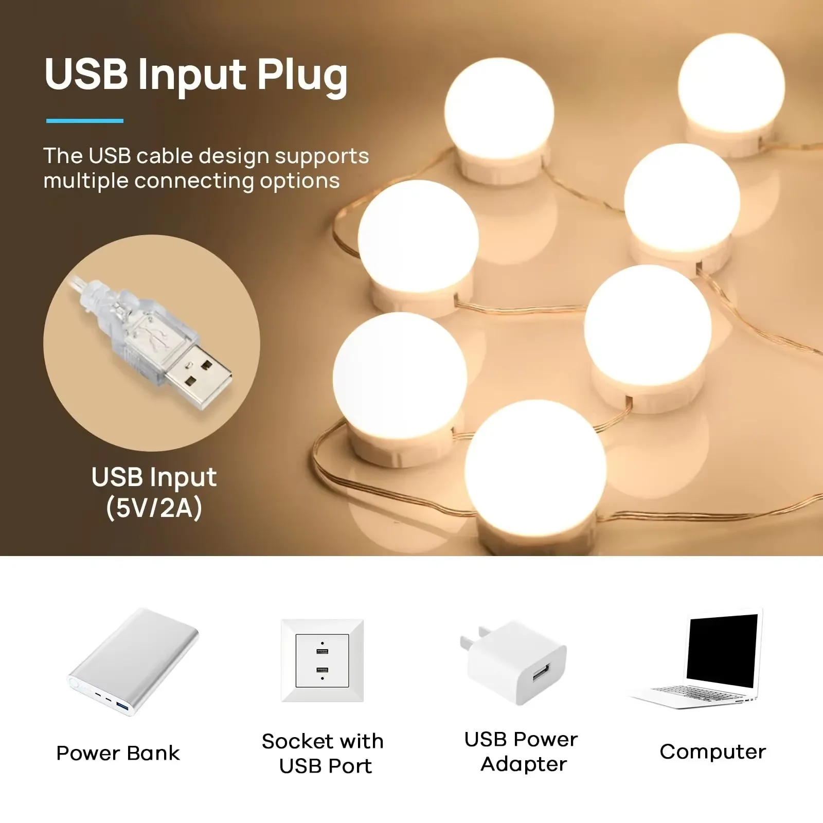 LED Makeup Mirror Light Bulbs USB Charging Vanity Makeup Mirror Lights Bathroom Dressing Table Lighting Dimmable