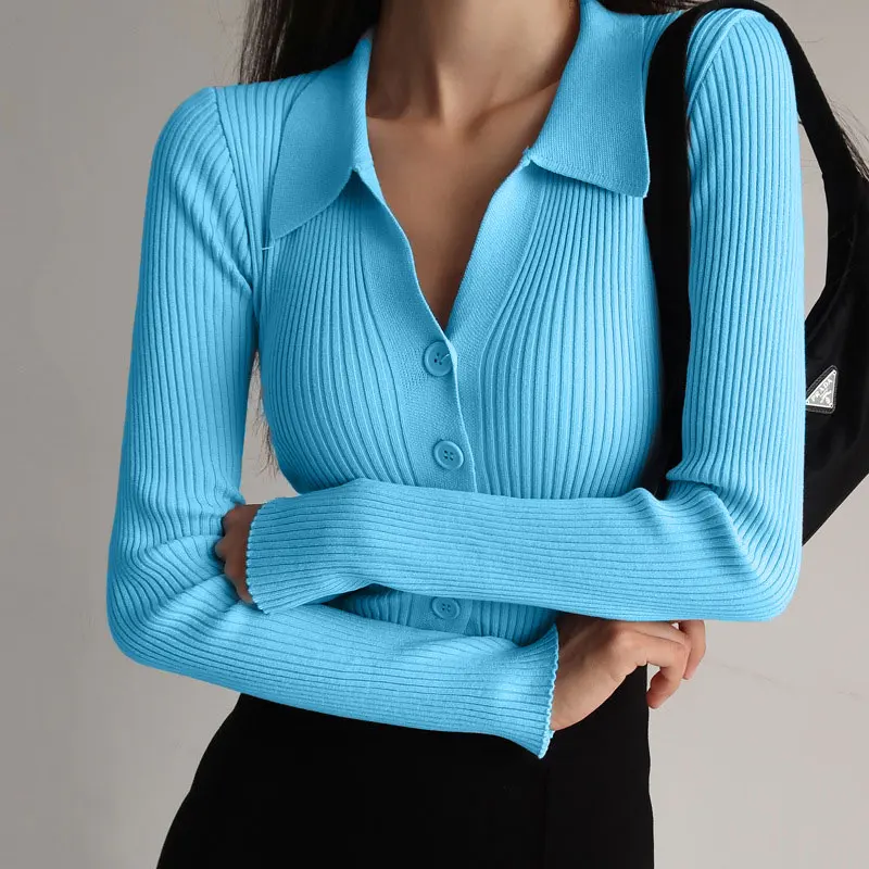 

Ladies New Lapel Slim Fit Slim Top Ladies Cutout Buttons Sexy V Neck Long Sleeve Polo Neck Knit Cardigan Sweater Ladies